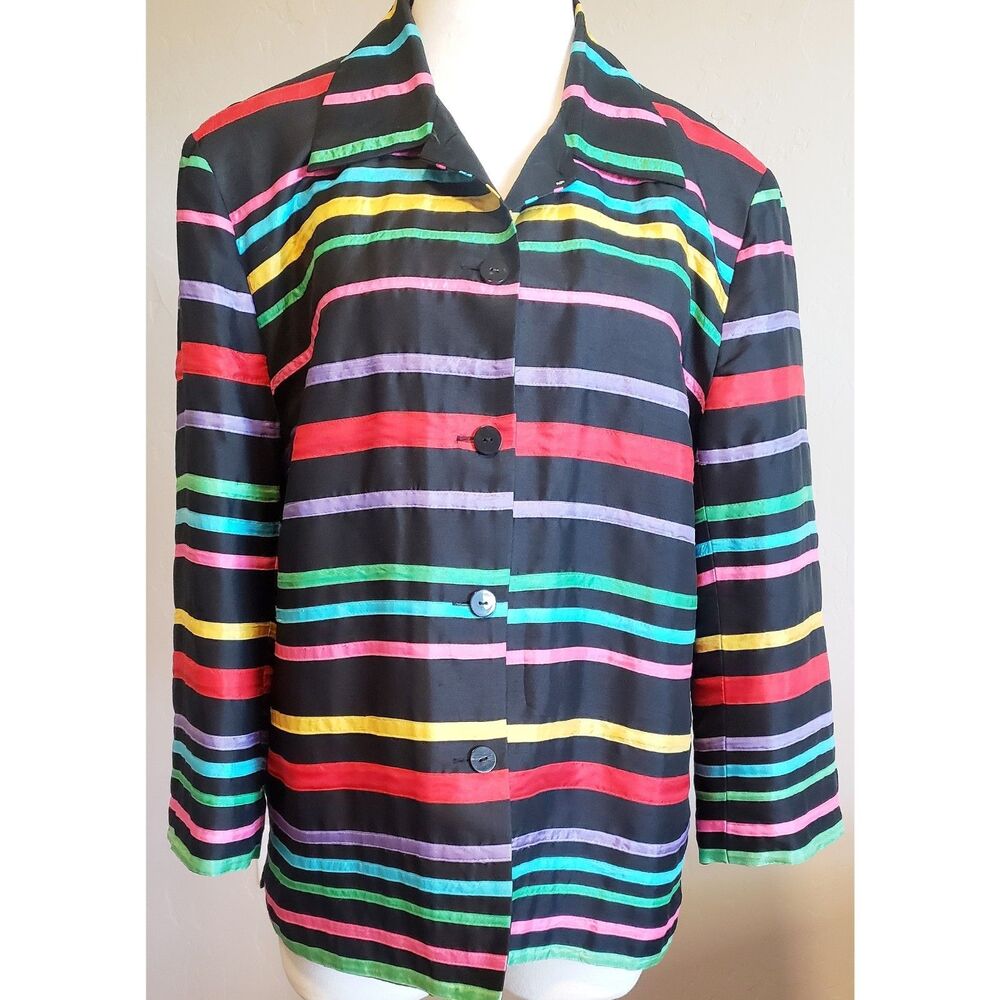 Vintage SilkLand Blazer Silk Rainbow Striped Womens 14 Artsy 90s Retro Jacket
